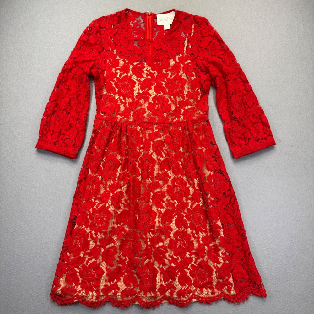 Mare Mare Anthropologie Red Floral Lace Fit & Flare Dress XS 3/4 Sleeve Holiday
